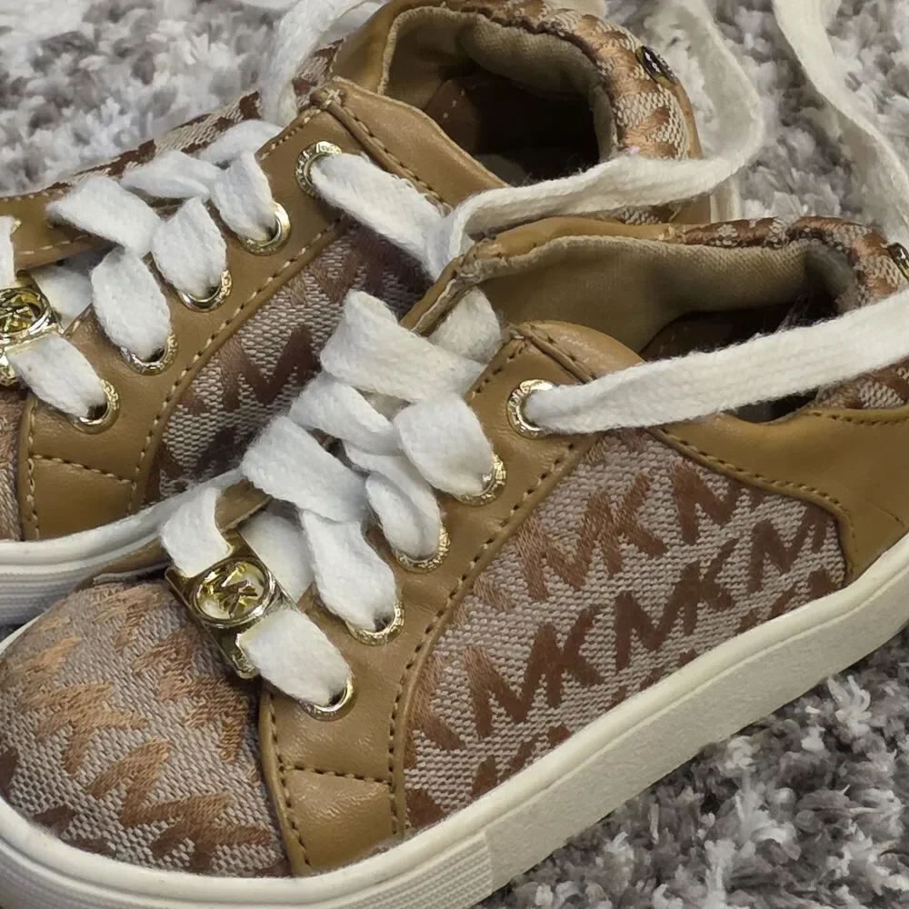 Michael Kors Girls Tan Monogram Logo Sneakers - Size 6
